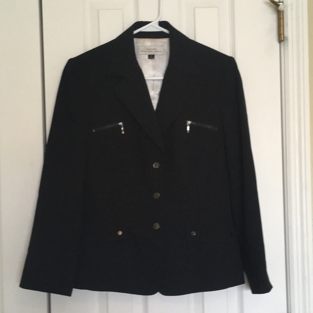 TAHARI black dress jacket, snaps & zipper details